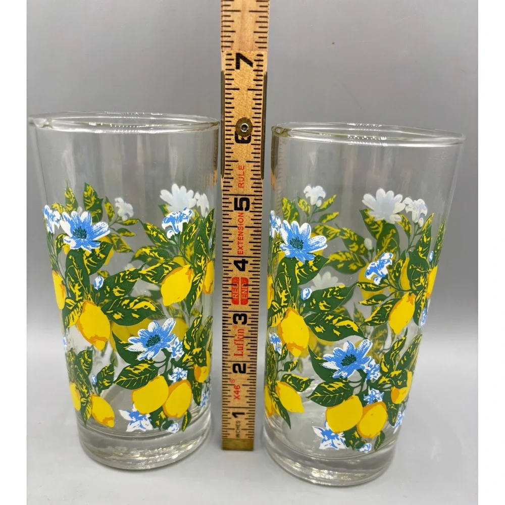 Vtg Royal‎ Norfolk Lemon and Blue Floral Drinking Glasses Set of 2 Tall Tumblers